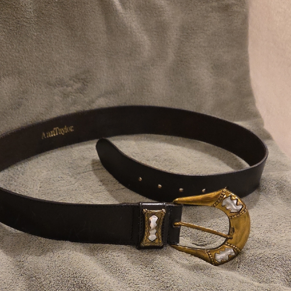 Vintage Ann Taylor Dark Brown Leather Belt w Gold Buckle, 38" Length Of Leather